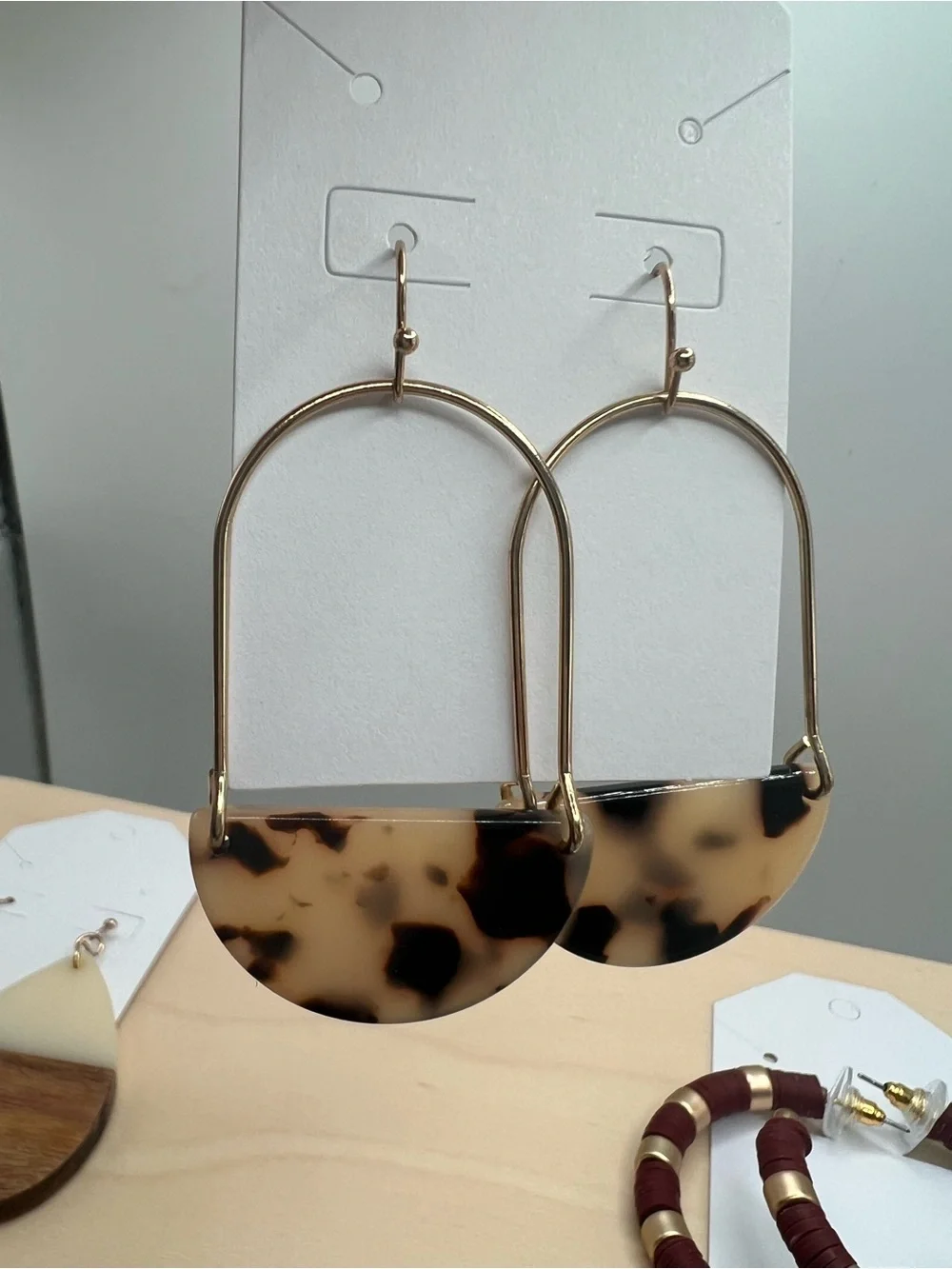 Lot of 4 Pairs Boho Statement Earrings Wood Leopard Tortoise Hoop Gold Tone